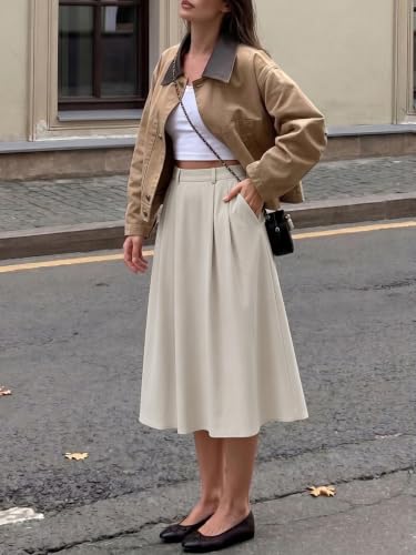 Image of Casly Lamiit A-Line Midi Skirts for Women Business Skirt | Elastic High Waisted, Pleated with Pockets, Work Skirts Casual