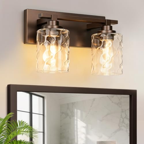 Image of Modern Bathroom Lighting Fixtures Over Mirror, Vanity Lights for Bathroom, Wall Sconces with Clear Glass Shades, E26 Ceramic Socket, 2-Light 14-inch Oil-Rubbed