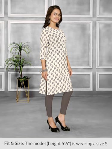 Image of rangita Off White Cotton Knee Length Printed Straight Kurti for Women | Kurta for Women
