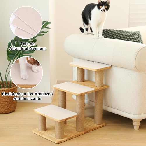 Escalera para perros de madera de pino y yute FUKUMARU con soporte robusto de hasta 90 kg 6