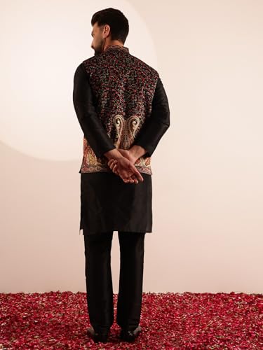 Image of SOJANYA Men's Silk Blend Black Kurta and Pyjama With Paisley Design Velvet Nehru Jacket