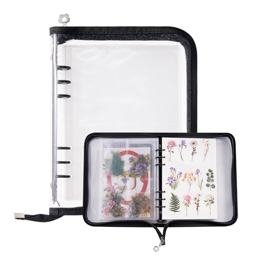 Fichário A5 com zíper transparente para colecionar adesivos com 140 bolsos/45 papéis (preto)