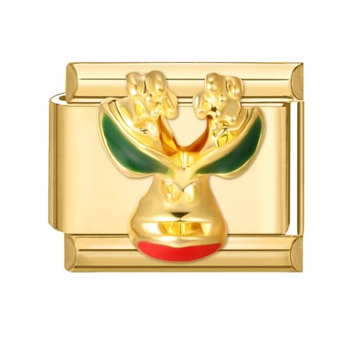 Loozykit Italian Charms Gold Christmas Series 9mm italian charm bracelet charms stainless steel Splicable Italian Style Charm Link for Italian Style Bracelets Girl Boy Gift(Red green deer)
