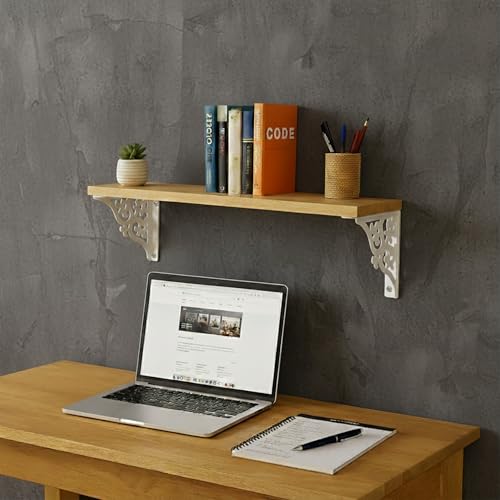 Image of Wall Shelf with Wooden Top Black|White Iron Brackets Storage Rack|Industrial Wall-Mounted Floating Shelf for Living Room,Kitchen,Bathroom (White Triple Floral Large)