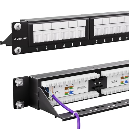 VCELINK 24-Port CAT6 Unshielded Patch Panel with Dust Cover, 1U RJ45 Rackmount Panel with Detachable Cable Management Bar for CAT5/5E/6 Cabling