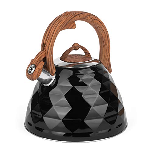 Wasserkessel Schwarz Glanz 3L für alle Herdarten Edelstahl Flötenkessel mit Griff und Deckel Pfeifkessel Teekessel Crystal Cover