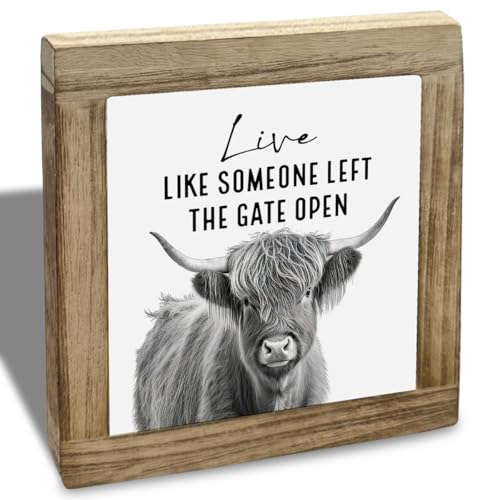 Vintage Decor, Funny Cows Wood Sign, Rustic Farmhouse Home, Decorative Signs - Live Like Someone Left The Gate Open, Tabletop Decor and Gift for Cow Lovers 5.9×5.9×0.7inch