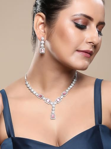 Image of ASMITTA Jewellery Rhodium-Plated Square American Diamonds Studded Pendulous Necklace with Earrings Jewellery Set for Girls Womens