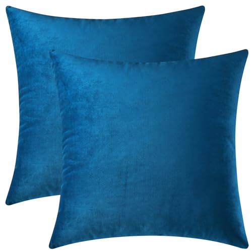 Mixhug Decorative Throw Pillow Covers, Velvet Cushion Covers, Solid Throw Pillow Cases for Couch and Bed Pillows, Blue, 20 x 20 Inches, Set of 2