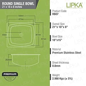 LIPKA Premium Stainless Steel – Round Single Bowl Kitchen Sink (21”x18”x8”) | Glossy Finish with Waste Pipe & Sink Coupling LIPKA Premium Stainless Steel – Round Single Bowl Kitchen Sink (21”x18”x8”) | Glossy Finish with Waste Pipe & Sink Coupling