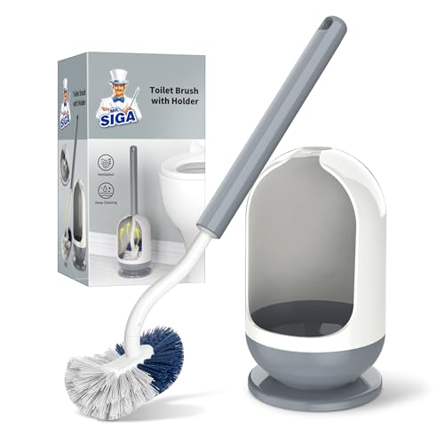 MR.SIGA Toilet Brush with Holder Under Rim Toilet Bowl Brush with Curved Design for Hard to Reach Corners 16.2 inch(41.1cm) Long Handle White & Gray 1 Pack