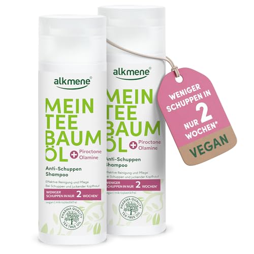alkmene Mein Teebaumöl Anti Schuppen Shampoo 2x 200 ml - weniger Schuppen in 2 Wochen - Shampoo gegen Schuppen & juckende Kopfhaut - klimaneutrales Antischuppen Haarshampoo mit naturreinen Teebaumöl