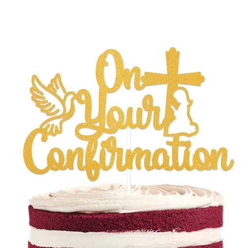 Decoración para tarta con texto en inglés 'On Your Confirmation', decoración de pastel de primera comunión, decoración de fiesta de bautismo religioso, decoración de fiesta de bautismo dorado con
