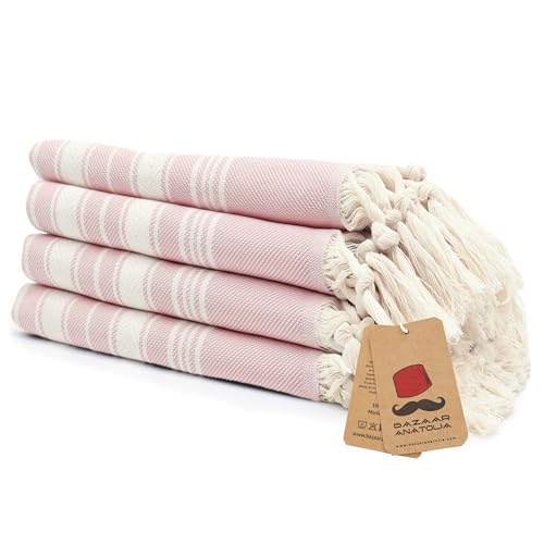 Bazaar Anatolia Hand Towels - Set of 4 | 39" x 19" - Decorative Turkish Hand Towel for Bathroom, 100% Cotton, Kitchen, Face, Hair, Tea, Dishcloth, Pink Towels - Stripe Pink
