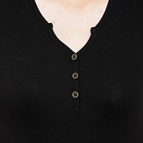 Image of Women Solid Slim Fit Henley V-Neck Button Front Short Sleeve Casual Cotton Top