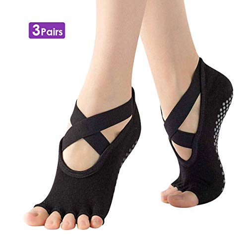 ROSEBEAR Women Non-slip Grip Straps Half-Toe Yoga Socks Five Toes Cotton Socks for Pilates, Pure Barre, Ballet, Dance, Barefoot Workout (Black / 3Pairs)