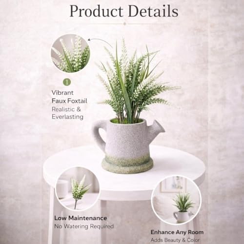 Image of Garden Art Artificial Heather Flower Spray in Shaded Watering Can Planter - Rustic Faux Floral Tabletop Centerpiece for Home, Office, Shelf & Desk Decor (P-0130White)