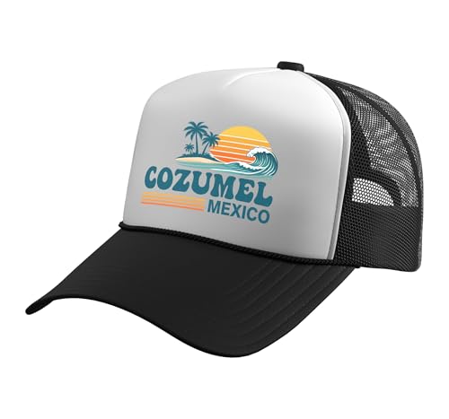 Cozumel Mexico Cruise Vintage Sunset Island Trucker Hat with Adjustable Mesh Back, Black/White