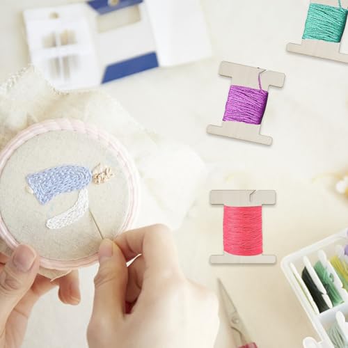 Image of 50 PCS Ribbon Storage Organizer, Empty Wooden Flat Spool Bobbin Sewing Thread Storage for Embroidery Floss Cross Stitch Cotton Thread Twine Organization, 4.33 x 3.15 Inch