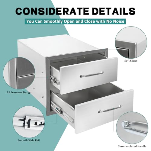 Image of Outdoor Kitchen Drawers 18 inch W x 15 inch H x 23 inch D Stainless Steel Drawer BBQ Double Drawers with Chrome Handle for Outdoor Kitchen Island, Patio Grill Station