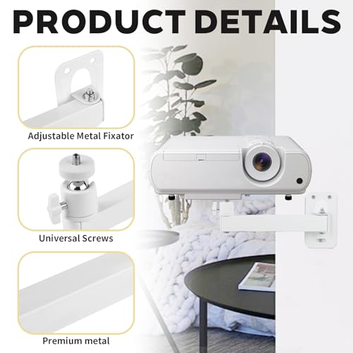 mimzemamz Beamer Halterung Wand Projector Stand, Beamer Wandhalterung Verstellbare 360° Drehbar, Metall Projektor Ständer mit 1/4-Zoll-Schraubschnittstelle für Heimkino, Büro, Spielzimmer, Weiß