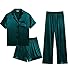SWOMOG Mens 3pcs Pajamas Set Silk Satin Short Sleeve Sleepwear Button Down Pjs Classic Loungewear Nightwear Dark Green Large