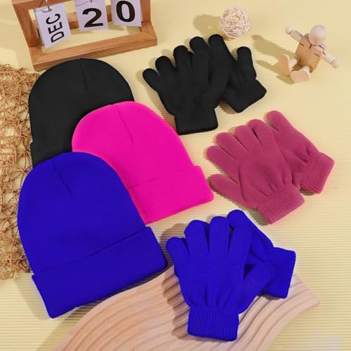 Image of Cooraby 6 Pack Kid's Winter Beanies Hat Full Fingers Gloves Set Skull Winter Caps Stretchy Gloves for Boys Girls