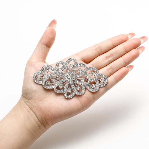 EVER FAITH Austrian Crystal Wedding Party Accessories 3.7 Inch Bridal Flower Ribbon Brooch for Women4