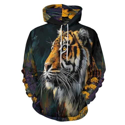 Sweat à capuche imprimé 3D tigre noir pour couple style peinture à l'huile avec poches