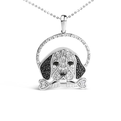 .925 Sterling Silver 1/4 Cttw White and Black Diamond Beagle Dog and Bone Pendant Necklace (I-J Color, I2-I3 Clarity) - 18