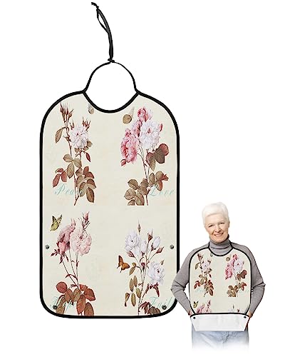 Kewadony Adult Bibs for Elderly Women - Spring Florals Waterproof Dining Clothing Protectors with Crumb Catcher for Eating/Feeding, Vintage Flowers Splicing Terry Cloth Bib Machine Washable