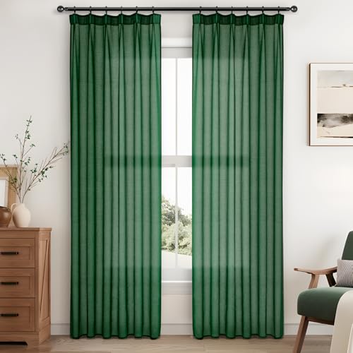 MRTREES Vorhänge Gardinen 240cm lang, 140cm breit, 2er Set, Stores, dunkelgrün, halbtransparent, mit Kräuselband für Schiene – Ansicht 1