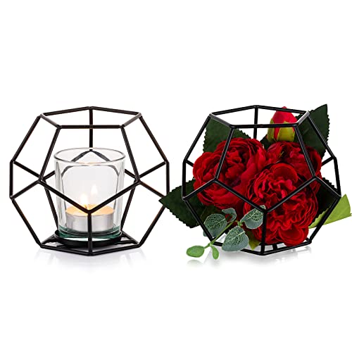 Sziqiqi Black Metal Tea Light Candle Holders - Geometric Wire Candle Pillar Holder Modern Matte Dinner Candles Holder For Coffe Table Living Room Mantel Party Christmas Halloween Table Centrepieces #TOP2