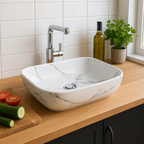 Image of Ceramic Tabletop Wash Basin - Glossy Rectangular Countertop Vessel Sink with Marble Finish for Bathroom & Vanity | Compact 18 x 13 x 5 Inch | Elegant Washbasin