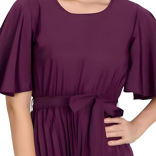 Image of KUDUZO Women's Crepe Long Pleated Below Knee Length Flutter Sleeve Round Neck S to XL Maxi Dress for Girls. (EG-U0IM-B9A1)