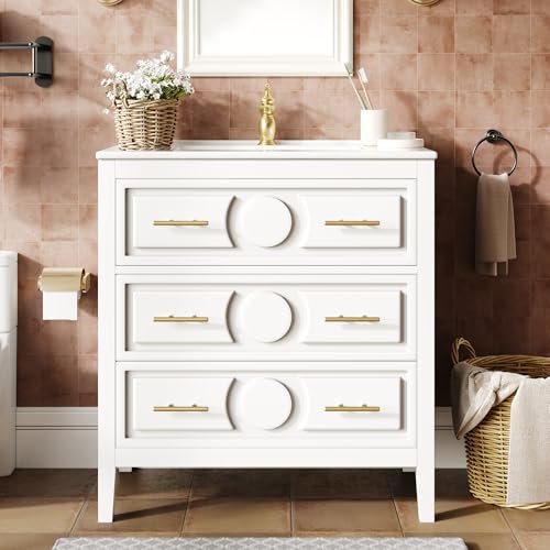 Yihomfy Meuble lavabo 81 cm avec Vasque en céramique, Petit Meuble sous-Vasque avec 3 Tiroirs (1 Relevable + 2 Grands), Poignées Dorées, pour Salle de Bain...