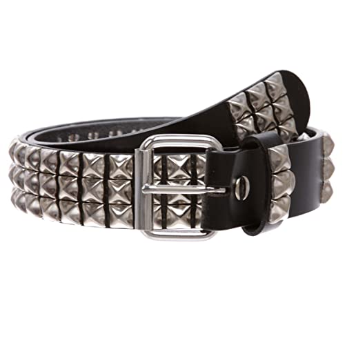 Snap On Three Row Genuine Leather Rock Star Metal Studded Cowhide Leather Belt