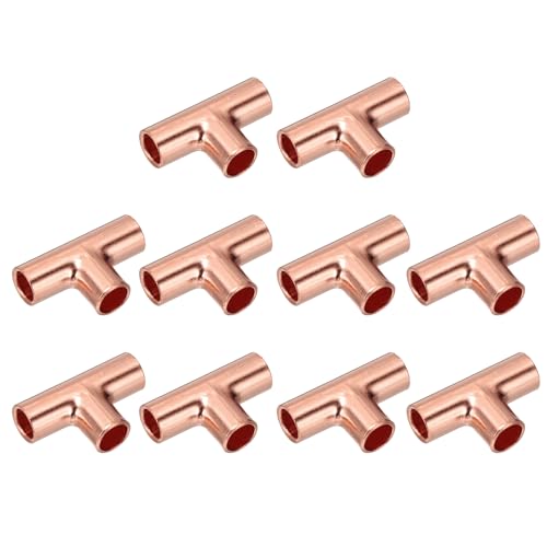PATIKIL 1/4 (6mm) ID 0.8mm Thick Tee Copper Fitting, 10Pcs 99.9% 3 Way Pure Copper Pipe Fitting Tube Connector with Sweat Solder Connection for Plumbing HVAC Refrigeration System
