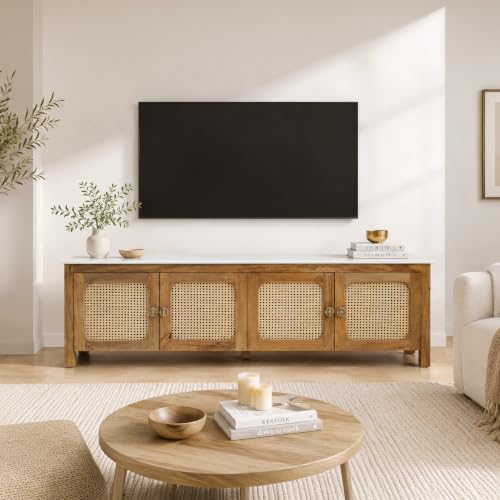 Image of The Attic Crestwood Solid Wood TV Cabinet with Cane Doors, Sideboard Storage & Display Cabinet for Living Room & Dining Room, Handcrafted Wood, Light Teak Finish