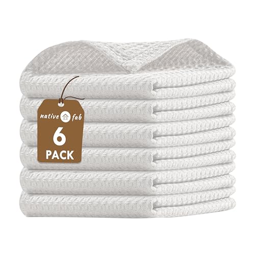 Native Fab 6 Pack Waffle Dish Cloths - 100% Cotton, Absorbent, Quick Drying & Soft Towels for Cleaning, Cooking & Baking - Ideal for Home, Restaurants & Cafes - 12x12 Inches - White