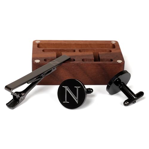 Image of Mens Initial Cufflinks and Tie Clip A-Z Alphabet Letter Black Stainless Cuff Links Tie Bar with Engraved Walnut Wood Box Groom Groomsman Wedding Set