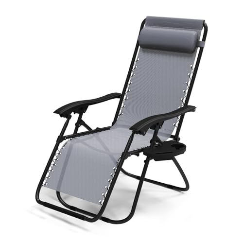 vounot® Chaise Longue Inclinable en Textilene avec Porte Gobelet Et Portable Gris
