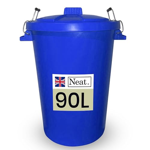 Neat. 90L Bin Coloured Large Plastic Bins, Heavy Duty Kitchen Bin with Metal Handle Dustbin with Lid For Easy Refusal, Garden Bin Indoor Outdoor Rubbish Waste, Storage of Animal Feed, Dark Blue-1Pack