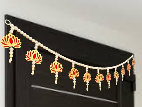 Image of Rajasthan Kraft Handmade Traditional Lotus Door Toran - 40 Inch in Size| Main Door Decorative Kamal Toran| Pearl Beaded Door Hanging with Tassels| Festive Entrance and Pooja Room Decor (T0021)