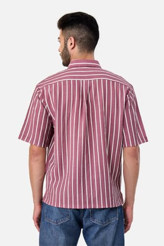 Image of SNITCH Men Casual Plus Size Shirt | Regular Fit Full Sleeve Mandarin Collar Striped Design | Premium Cotton Linen Blend & Breathable Fabric for Office & Everyday Wear