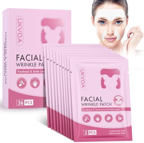 UKVOA Forehead Wrinkle Patches & Smile Line Patches, Overnight Facial Wrinkle Treatment with Hyaluronic Acid, Aloe, Collagen & Vitamin E to Lift Smile Lines for Women 36pcs