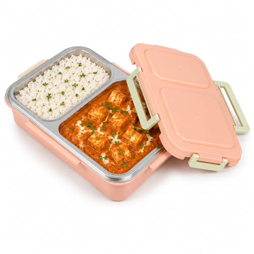 Image of Premium 2 Compartment Stainless Steel Lunch Box with Airtight Leakproof Lid | Durable Food Storage Bento Box with Secure Lock Clips (Pink Color)