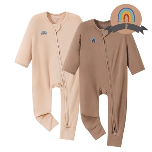 Image of Momcozy Unisex Baby Pajamas, Baby-Temp Monitoring Double Zipper Boy Girl Sleepers Rompers Footie, 2 Pack Light Weight Stretchy Viscose Derived from Bamboo Baby Jammies, 6-12 M, Pinkish Grey Brown