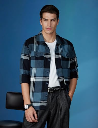 Image of The Indian Garage Co Men Regular Fit Checkered Full Sleeves Spread Collar Double Flap Pocket Casual Over Shirt