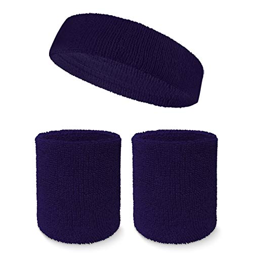 COUVER Unisex Terry Sweatband Set, Headband Wristbands, Dark Purple